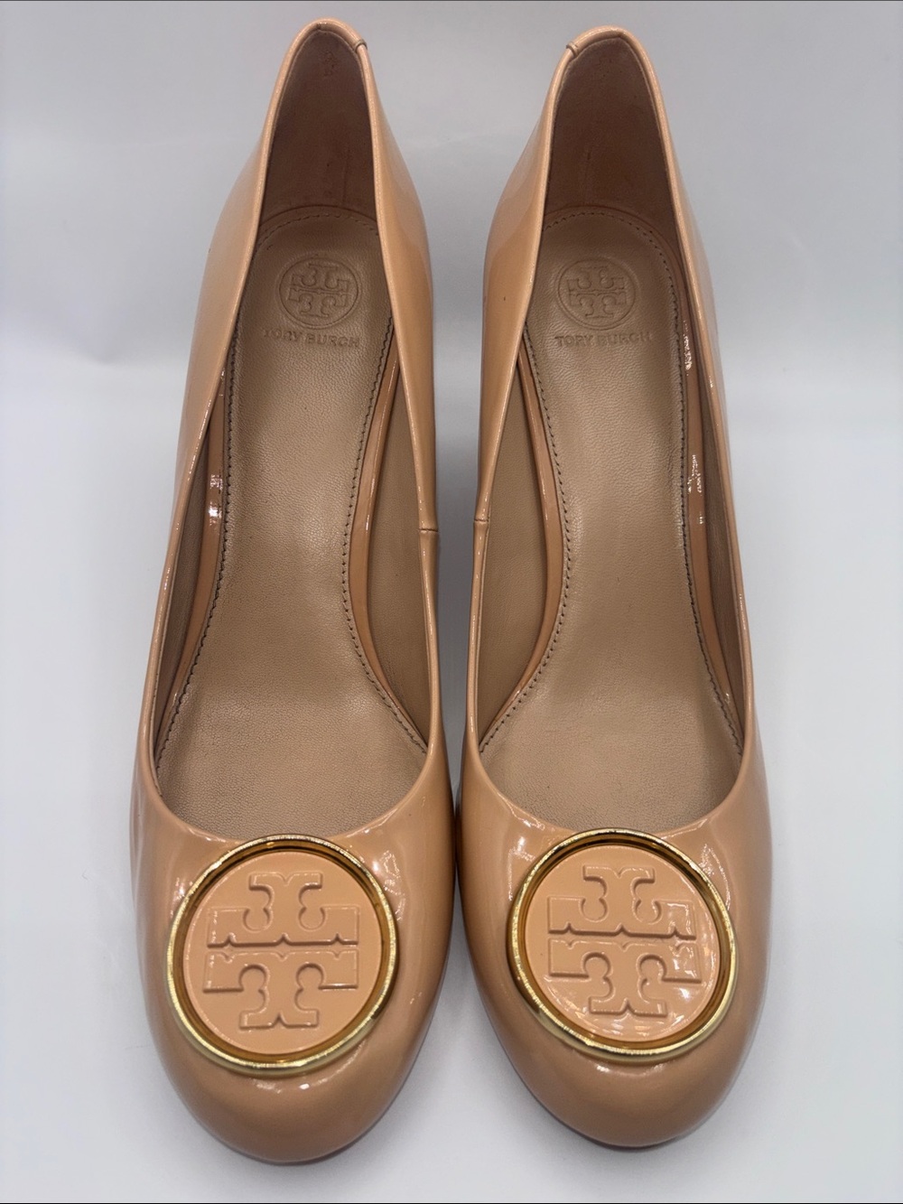 Tory Burch Nude Patent Leather Logo Wedges